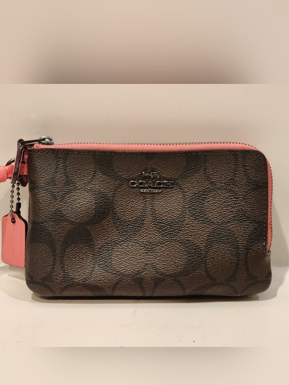 Coach Double Zip Wristlet Signature Canvas Brown Pink PVC Leather Wallet 87591